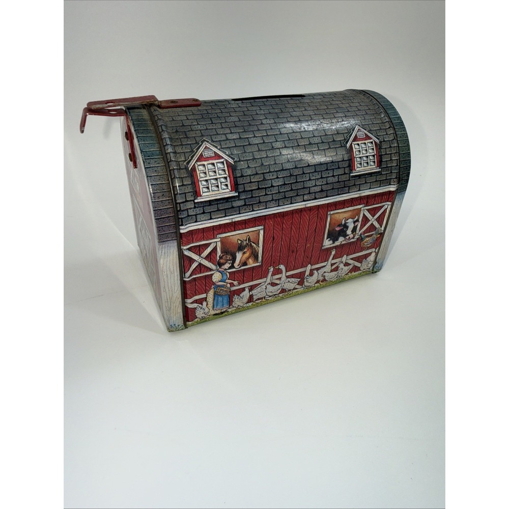 Vintage 1990s Tin Litho Small Barn/ Farm Scene Mailbox/‎ Bank w/ Hinged Lid